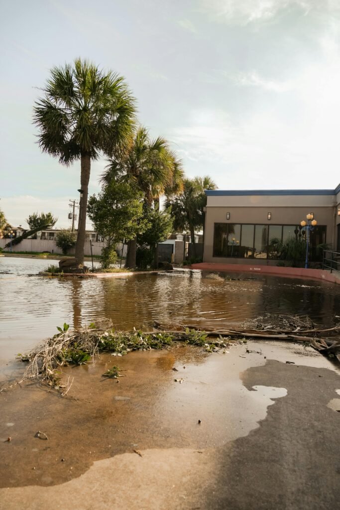 Catastrophic Flooding Hits Texas Hill Country (July 4–6, 2025) A flooded street in Houston, Texas with palm trees and a building nearby.