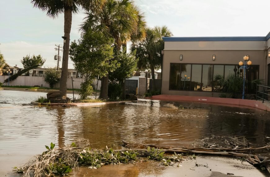A flooded street in Houston, Texas with palm trees and a building nearby.